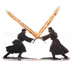 two monks fighting with swords against each other