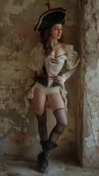 a lady wearing sexy lingerie posing in a dirty building,a woman in a pirate outfit poses for the camera