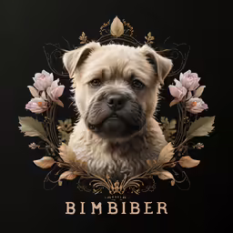 a brown dog in front of a black background and a pink flower