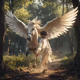 a young girl in white is standing beside a white angel horse
