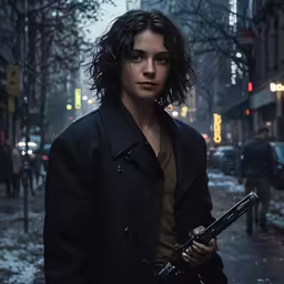 a woman holding a gun standing on a street