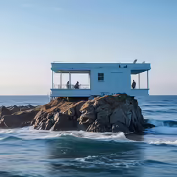 an island with a very tall building near the ocean