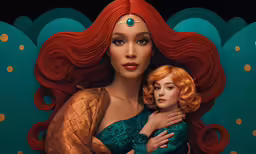 a woman with a red hair standing next to a mermaid