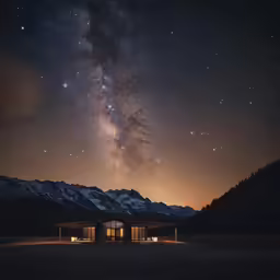 the stars and lights of the night sky are reflected in the windows of the lodge