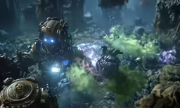 a man in a suit, with a light on his face is walking through a underwater scene