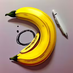 three bananas and a white pen with ink