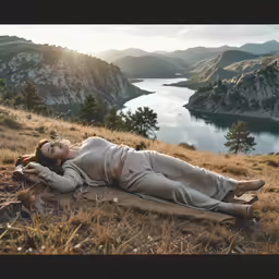 a girl in white lays on her back in a mountain top