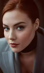 a woman with red hair wearing a gray jacket