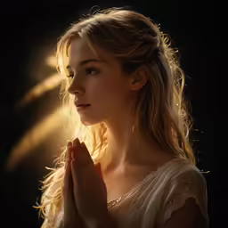 a beautiful blond haired girl in white and sunlight beams