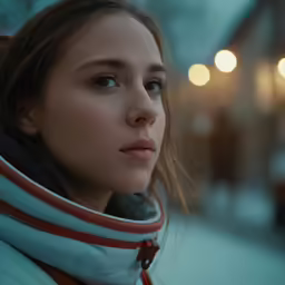 the woman wearing the scarf is staring forward