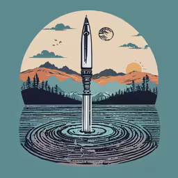 a graphic illustration showing a fountain with an island and mountains in the background,an object floating on water with a background that resembles mountains and trees