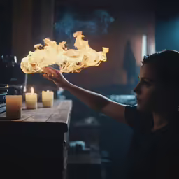 woman is holding lit candles on table in dark room