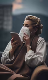 a woman with a mask and a scarf is holding a tablet