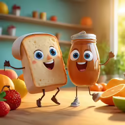 the peanut butter and jelly sandwich characters are running around with each other