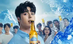 an ad for a beer called kohlone with a large picture of people behind it