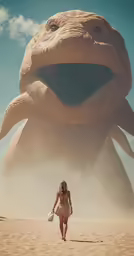 a woman in swimsuit walking towards a giant animal