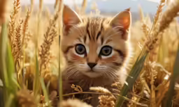 a little kitten is hiding in the grass