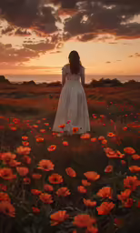 a woman standing in an open field of flowers