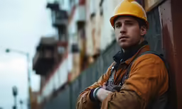 a construction worker leans against the side of an industrial building