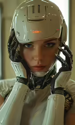 a lady in a white suit with head gear and mitts