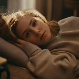 a woman in a sweater is laying down