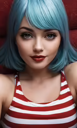 a woman wearing a blue wig in a red and white shirt