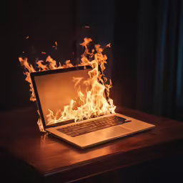 laptop covered with a fire on a table