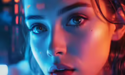 a close - up photo of a woman in neon lights