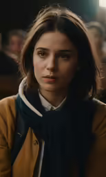 a woman is sitting in a lecture hall with others in the background