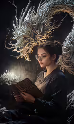 the woman is reading a book in a dress