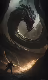 a man in front of a huge monster attacking a man in the dark