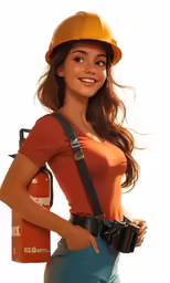 an animated woman wearing construction clothes and holding a camera