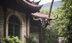 an animal with horns hanging from its head outside a building