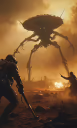 there is an insect that is being chased by two men in the distance
