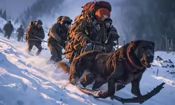 a group of people hiking through the snow with dogs