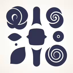 a series of stylized shapes with spirals and rings
