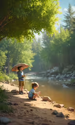 two children near a river with trees and rocks,two little kids with umbrellas by the river