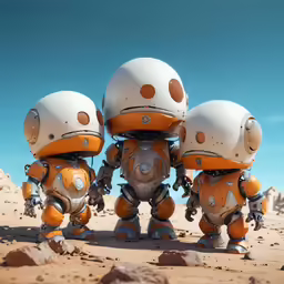 three orange and white humanoids with big eyes and helmets standing on desert