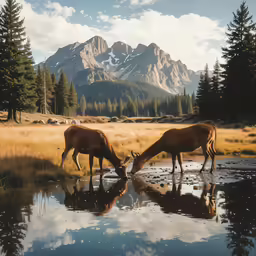 two deer eating grass near water in the mountains