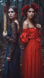 two women in dresses in the woods