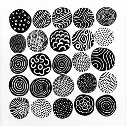 several circles and dots arranged in black on a white sheet,an abstract painting, with lots of dots in the center
