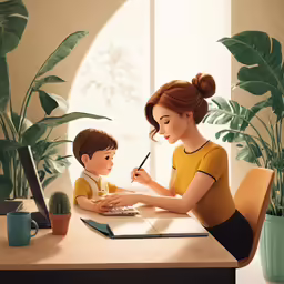 a young child and woman with a marker, are looking at something on a notebook
