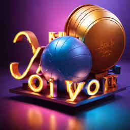 an illuminated sign advertising the glow of gold volleyball and balls,a lighted sign with balls on it that reads joy