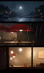 two photos showing people under a rain umbrella