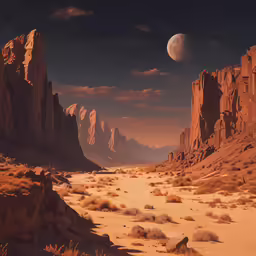 an alien landscape shows mountains, desert, and a distant moon