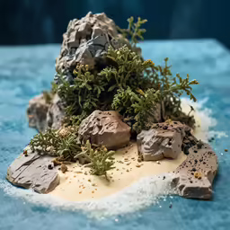 rock and plants on a table with powder