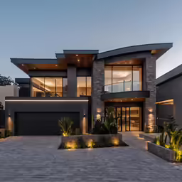 a contemporary building with large windows in the evening