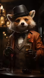 a red panda in a suit holding a wine glass