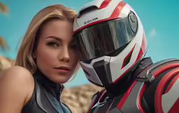 the woman poses for a photo with the motorcycle helmet on