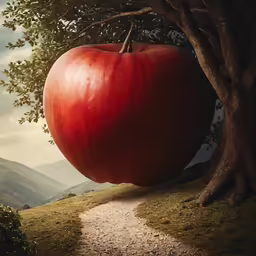 a large red apple hanging from the side of a tree